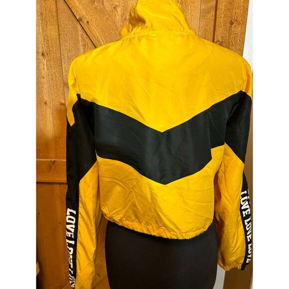 Women's Large Yellow Black Jacket LOVE GUC Cropped - Picture 7 of 8